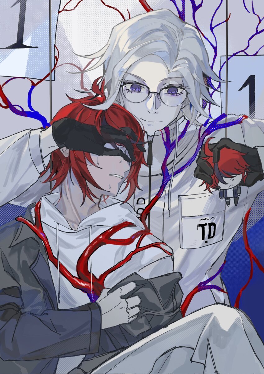 3boys ahoge aotsuki_eito black_gloves blue_jacket breast_pocket chibi chinese_commentary covered_eyes crossed_legs drawstring dual_persona glasses gloves grey_hair grey_jacket hand_on_another&#039;s_face hands_up highres holding_chibi hood hoodie jacket jacket_over_hoodie male_focus multicolored_hair multicolored_jacket multiple_boys nervous_sweating pocket pulling_own_clothes purple_eyes red_hair short_hair streaked_hair sumino_takumi sweat the_hundred_line_-last_defense_academy- two-tone_jacket veins white_hoodie white_jacket youshi1201
