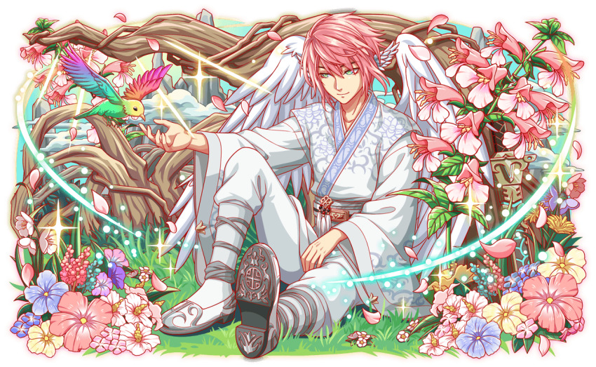 1boy 1other alternate_costume alternate_wing_color animal artist_request baji beak bird_tail black_eyes blue_flower blue_sky branch closed_mouth cloud crash_fever dongjeong ear_wings flower flower_request flying full_body game_cg gomusin grass green_eyes green_tail hanbok hibiscus jeogori_(clothes) kneehighs korean_clothes leaf light_particles long_sleeves looking_at_animal male_focus multicolored_bird multicolored_wings norigae official_alternate_costume official_art on_grass outline outstretched_arm outstretched_hand pink_flower pink_petals purple_flower red_flower red_outline saradoryeong sash saturated shoe_soles sitting sky smile socks solid_eyes solo_focus sparkle sword tachi-e tail transparent_background two-tone_footwear weapon white_footwear white_hanbok white_jeogori white_sash white_sleeves white_socks white_wings wide_sleeves wings yellow_flower