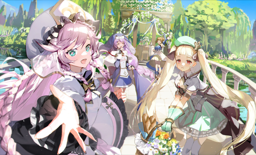 achates_(epic_seven) achates_ururuda angelica_(epic_seven) clarissa_(epic_seven) epic_seven flower_basket gloves highres looking_at_viewer miniskirt montmorancy_(epic_seven) multiple_girls nun outstretched_arms russell_(user_ftec8258) skirt twintails veil