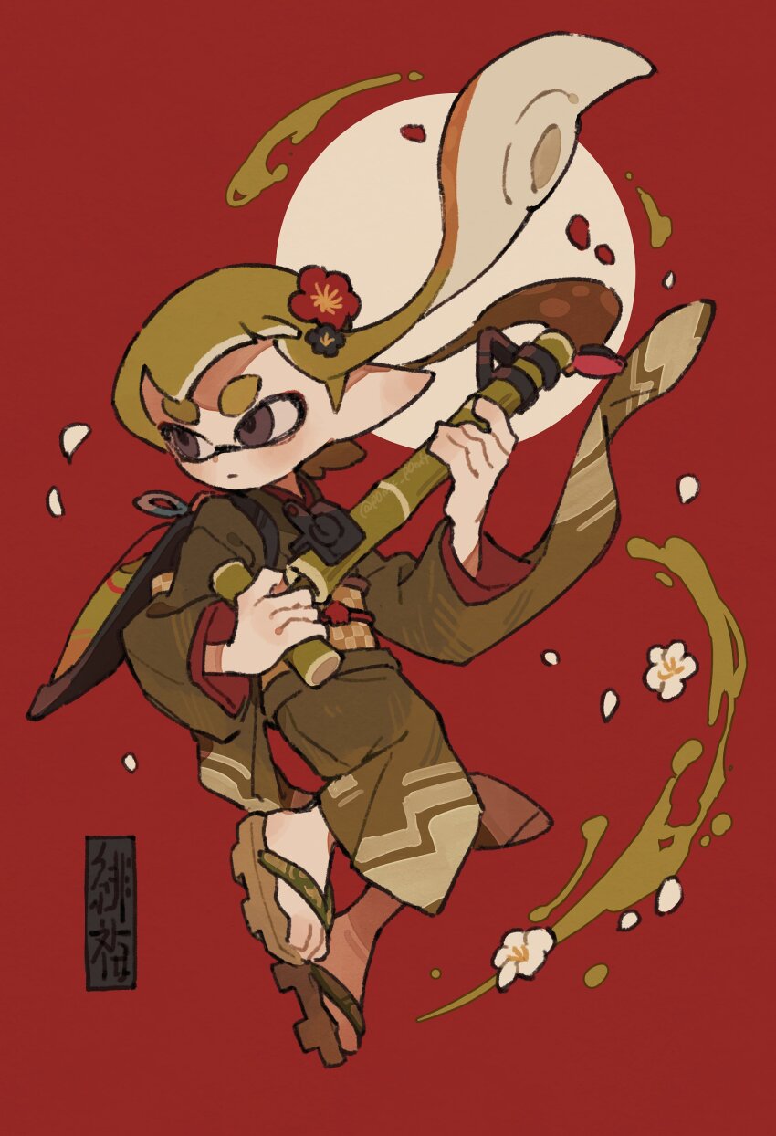 1girl absurdres bamboozler_14_(splatoon) blue_flower brown_eyes closed_mouth floating_hair flower full_body geta gradient_hair green_hair green_kimono hair_flower hair_ornament highres holding holding_weapon huge_eyebrows ink_tank_(splatoon) inkling inkling_girl inkling_player_character japanese_clothes kimono long_hair long_sleeves multicolored_hair nintendo obi obijime p0m4_p0m4 pointy_ears red_background red_flower red_hair sash solo splatoon_(series) tentacle_hair weapon wide_sleeves