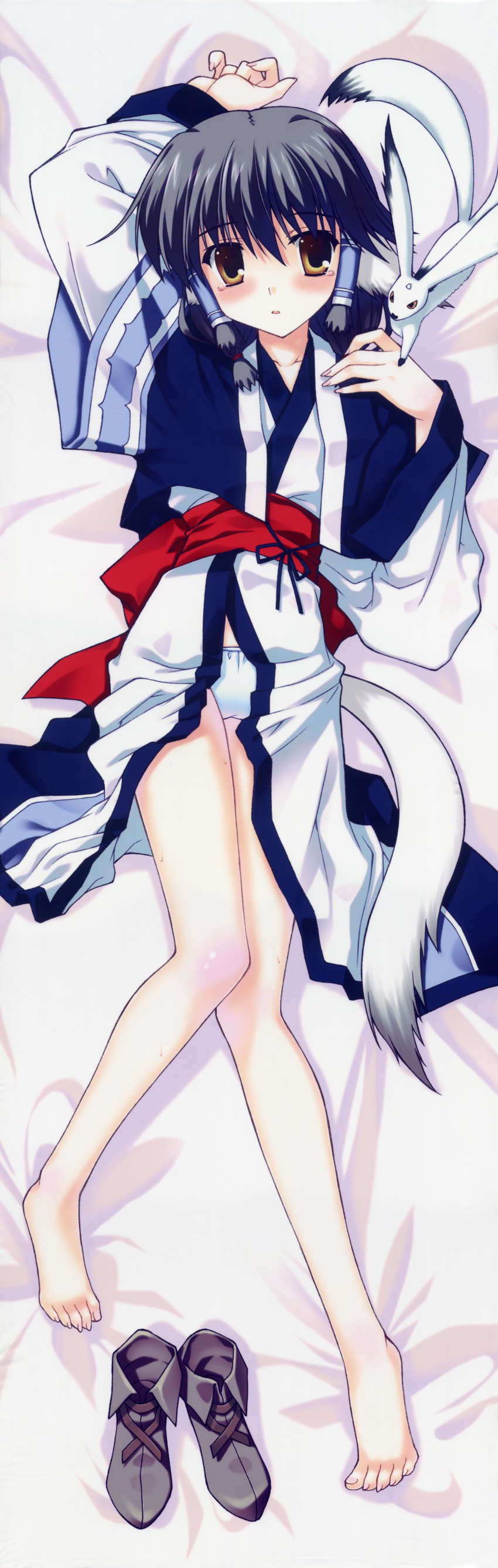 1girl absurdres animal_ears ankle_boots arm_up aruruu barefoot bed_sheet black_hair black_legwear blush body_blush boots breasts brown_eyes cameltoe clenched_hand creature crop_top dakimakura_(medium) dog_ears dog_tail feet female_focus fingernails from_above full_body gachatara hair_between_eyes hair_tie hair_tubes hand_on_own_shoulder highres huge_filesize indoors japanese_clothes kimono knees_together_feet_apart legs long_fingernails long_hair long_image long_sleeves long_toenails lying nanao_naru naru_nanao on_back on_bed open_clothes open_kimono panties parted_lips sash scan shoes sidelocks small_breasts solo tail tall_image toenails toes underwear unworn_boots unworn_shoes utawarerumono white_panties wide_sleeves