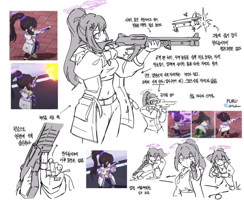 1girl aiming benelli_m4_super_90 blue_archive breasts closed_mouth coat crop_top firing flukhan game_screenshot gun halo high_ponytail highres holding holding_gun holding_weapon korean_text long_hair medium_breasts multiple_views open_clothes open_coat pants ponytail reference_inset reloading shotgun simple_background sumire_(blue_archive) translation_request twitter_username weapon white_background