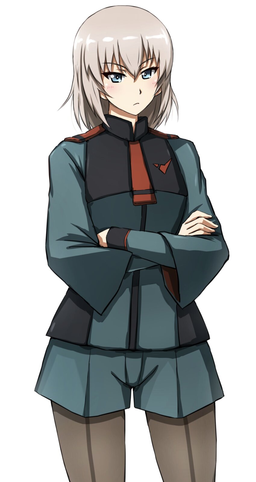 1girl absurdres asticassia_school_uniform bad_id bad_twitter_id blue_eyes blue_shirt blue_shorts closed_mouth commentary cosplay cowboy_shot crossed_arms front-seamed_legwear frown girls_und_panzer grey_hair grey_pantyhose gundam gundam_suisei_no_majo highres itsumi_erika layered_sleeves looking_at_viewer medium_hair miorine_rembran miorine_rembran_(cosplay) omachi_(slabco) pantyhose pantyhose_under_shorts school_uniform seamed_legwear shirt short_shorts shorts simple_background solo standing white_background