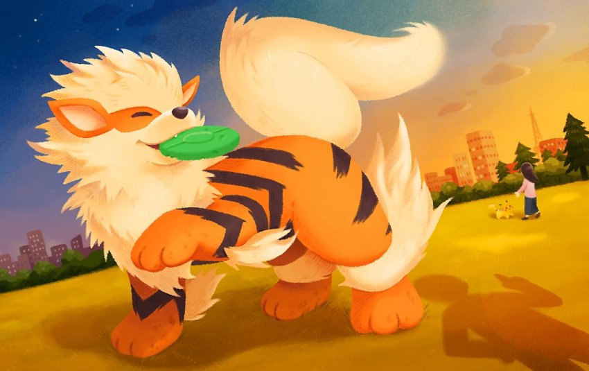 1girl arcanine brown_footwear brown_hair building closed_eyes cloud commentary_request dog fang frisbee gen_1_pokemon long_hair ma-hain-scarlet mouth_hold nintendo pikachu pink_shirt pokemon pokemon_(creature) shirt shoes skirt sky star_(sky) tree twilight