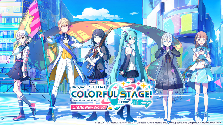 1boy 5girls aiguillette ankle_boots aqua_eyes aqua_hair aqua_nails aqua_necktie arm_at_side arms_behind_back awning azusawa_kohane backwards_hat bare_legs bare_shoulders baseball_cap belt billboard black_belt black_footwear black_hair black_neckerchief black_ribbon black_shirt black_skirt black_sleeves black_socks blazer blonde_hair blue_capelet blue_dress blue_eyes blue_sash blue_sky boots breasts brooch brown_hair building buttons cable capelet check_commentary city clothes_writing cloud cloudy_sky clover_brooch clover_hair_ornament coat collared_shirt colored_tips colorful_palette commentary_request copyright_name copyright_notice crosswalk day detached_sleeves diagonal-striped_clothes diagonal-striped_necktie diagonal-striped_sash dot_nose double-breasted dress dress_shirt electric_guitar expressionless fender_telecaster fingernails flag flat_chest flats floral_print front_zipper full-length_zipper full_body glitter gold_trim gradient_hair gradient_neckerchief grey_dress grey_eyes grey_jacket guitar hair_ornament hair_ribbon hanasato_minori hand_on_own_chest hand_up hands_on_own_chest hat hatsune_miku head_tilt headphones headphones_around_neck headset height_difference highres holding holding_cable holding_flag holding_headphones holding_instrument holding_microphone holding_polearm holding_weapon hooded_dress hoshino_ichika_(project_sekai) instrument intersection jacket jewelry key_visual knee_boots kneehighs lace-up_boots lamppost light_brown_hair light_particles lineup long_hair long_sleeves looking_at_viewer loose_belt low_twintails medium_hair microphone multicolored_hair multiple_girls neck_ribbon neckerchief necktie official_art orange_capelet orange_eyes orange_hair orange_ribbon orange_vest outdoors pants parted_lips pink_belt plaid_clothes plaid_dress pleated_dress pleated_skirt polearm project_sekai promotional_art red_footwear red_necktie ribbon road sash shadow shirt shoes short_twintails shoulder_sash sideboob silver_trim skirt sky sleeveless sleeveless_shirt small_breasts smirk sneakers socks standing standing_on_one_leg street striped_clothes striped_necktie striped_sash striped_vest sunlight suspender_skirt suspenders tailcoat tareme tenma_tsukasa thigh_belt thigh_boots thigh_strap thighhighs tie_clip tree triangle tsurime twintails two-sided_capelet two-tone_dress vertical-striped_clothes vertical-striped_vest very_long_hair vest vocaloid weapon white_coat white_dress white_footwear white_hair white_headwear white_necktie white_pants white_shirt window wing_collar wing_hair_ornament wrist_cuffs yellow_eyes yoisaki_kanade zettai_ryouiki zipper zipper_skirt