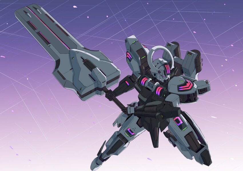 charging_forward commentary_request gradient_background gundam gundam_schwarzette gundam_suisei_no_majo highres holding holding_sword holding_weapon kaji_illust mecha mecha_focus mobile_suit no_humans purple_background purple_eyes robot science_fiction solo sword weapon