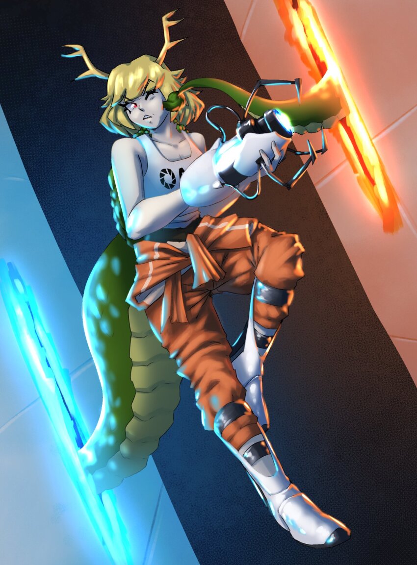 1girl annoyed antlers aperture_science_handheld_portal_device blonde_hair dragon_tail highres horns jumpsuit kicchou_yachie orange_jumpsuit portal portal_(object) portal_(series) portal_2 short_hair spookoarts tail touhou