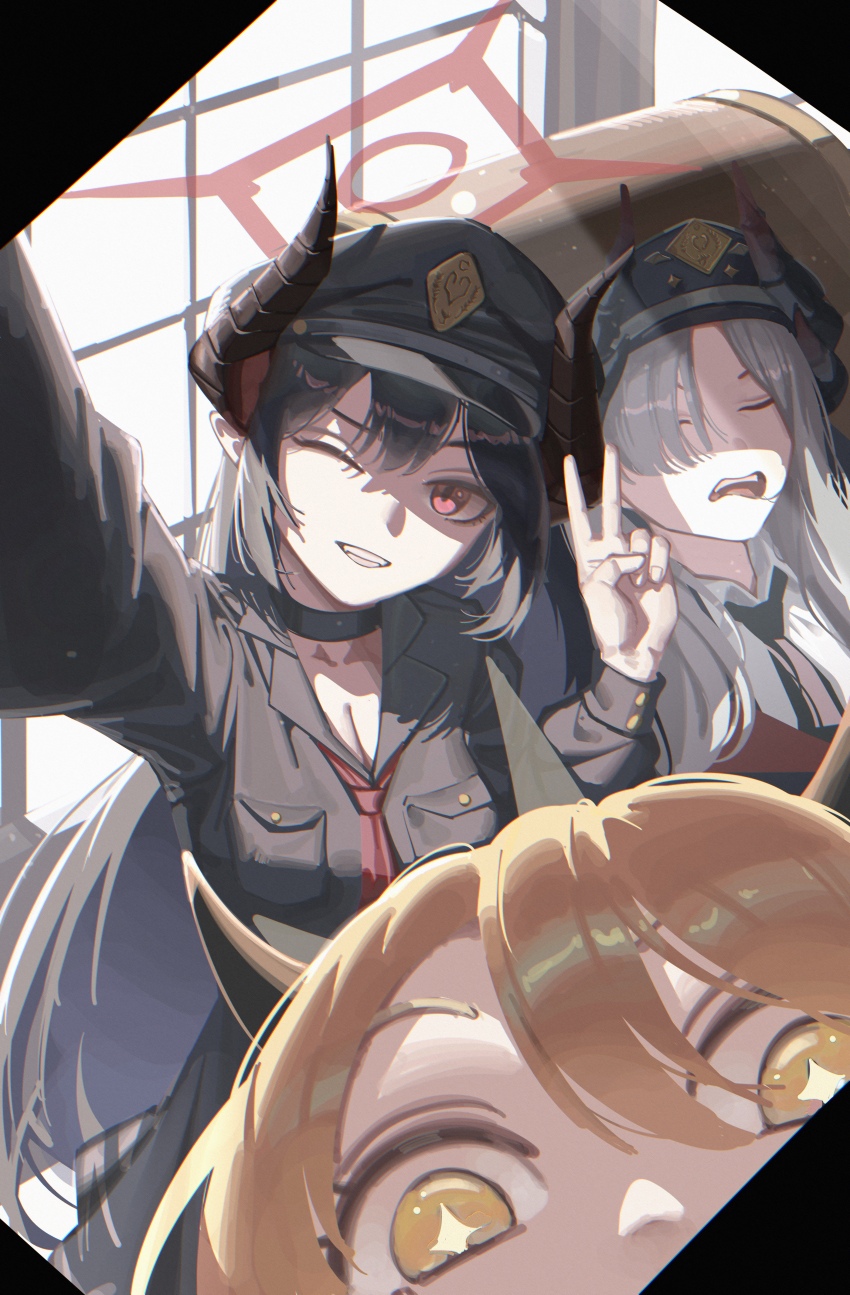 +_+ 3girls absurdres black_choker black_hair black_hat black_necktie black_shirt black_skirt blonde_hair blue_archive breasts chiaki_(blue_archive) chojja choker cleavage closed_eyes demon_girl demon_horns grey_hair grin hair_between_eyes hair_over_one_eye hat highres horns ibuki_(blue_archive) long_hair makoto_(blue_archive) multiple_girls necktie one_eye_closed open_mouth peaked_cap pointy_ears red_eyes red_necktie shirt sidelocks skirt smile white_shirt yellow_eyes