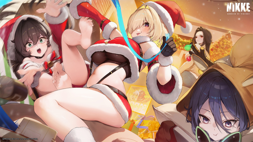 4girls ahoge black_hair blonde_hair breasts christmas commentary elegg_(nikke) english_commentary exia_(nikke) fur-trimmed_headwear fur_trim goddess_of_victory:_nikke hair_intakes hair_ornament hair_over_eyes hat highres jam_(nandade) large_breasts long_hair maiden_(nikke) multicolored_hair multiple_girls plump santa_hat thick_thighs thighs trony_(nikke)