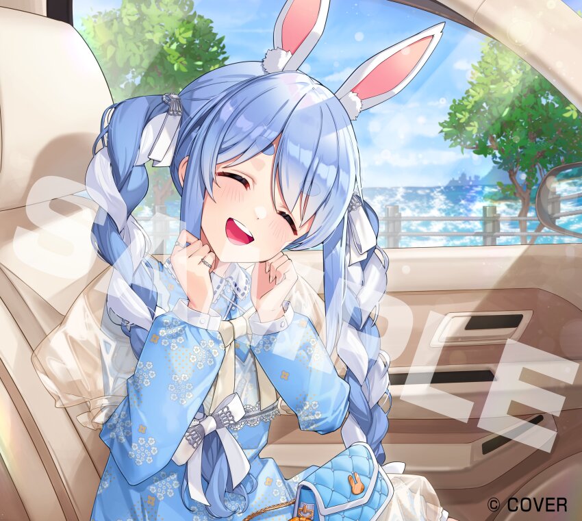 1girl ^_^ absurdres bag blue_dress blue_hair blue_sky braid car_interior closed_eyes cloud collared_dress commentary_request copyright_name day dress extra_ears facing_viewer floral_print floral_print_dress handbag hands_up highres hololive long_hair multicolored_hair nonomaro ocean official_art open_mouth print_dress rabbit_girl sample_watermark short_eyebrows sidelocks sky smile solo swept_bangs teeth thick_eyebrows tree twin_braids two-tone_hair upper_teeth_only usada_pekora virtual_youtuber watermark white_hair
