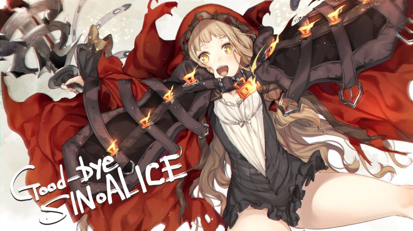1girl absurdres bad_id bad_twitter_id blonde_hair blunt_bangs blush buckle cape english_text hair_ribbon happy highres holding holding_weapon hood hood_up jumping lock long_hair open_mouth orange_eyes red_riding_hood_(sinoalice) ribbon sidelocks simple_background sinoalice solo symbol-shaped_pupils teroru torn_cape torn_clothes wavy_hair weapon