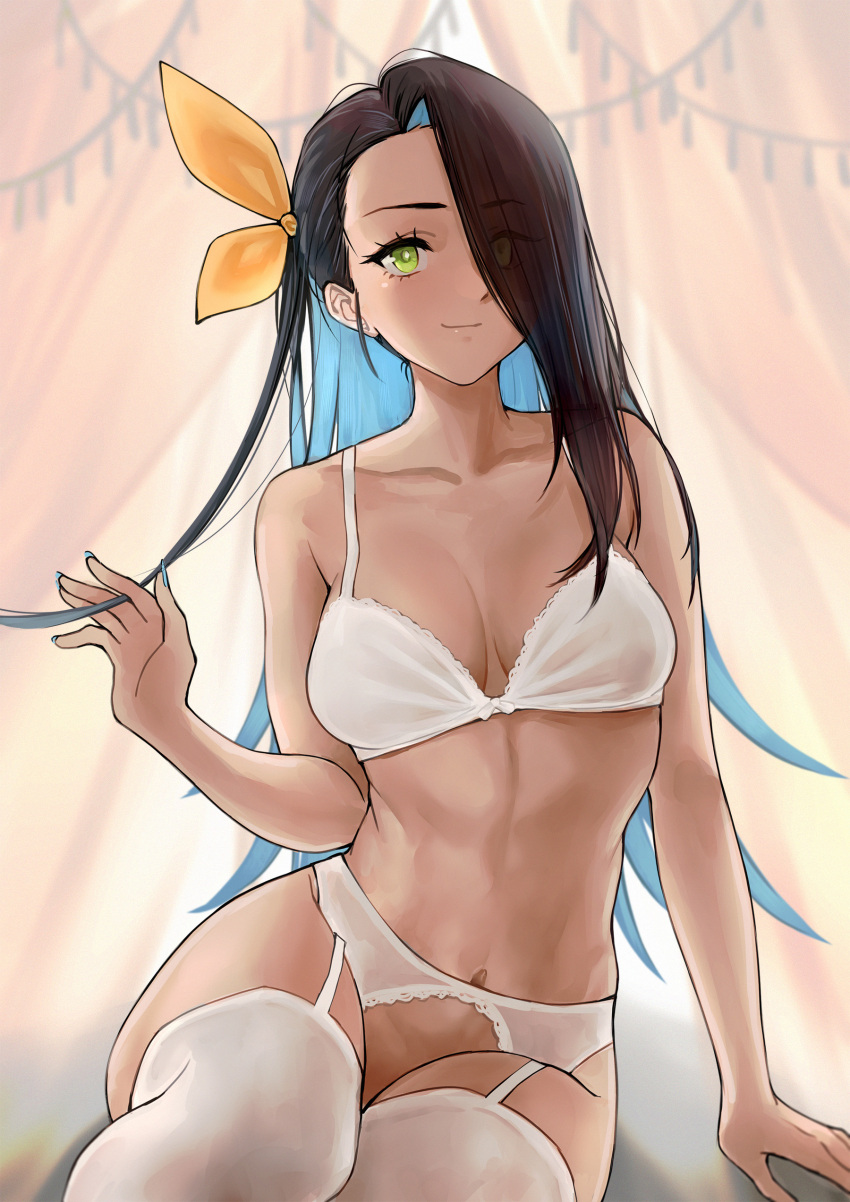 1girl absurdres arm_support azur_lane blue_hair blue_nails bra breasts cl_(summer_sama) cleavage closed_mouth collarbone colored_inner_hair commentary curtains eyes_visible_through_hair fingernails garter_straps hair_over_one_eye hair_ribbon highres long_hair looking_at_viewer medium_breasts multicolored_hair nail_polish northampton_(azur_lane) ribbon sitting smile solo thighhighs two-tone_hair underwear white_bra white_thighhighs yellow_ribbon