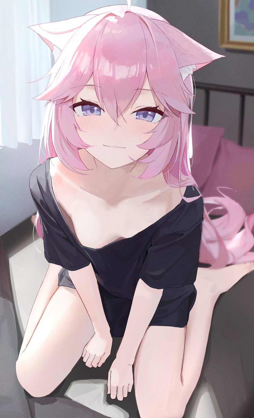 1girl absurdres ahoge animal_ear_fluff animal_ears barefoot black_shirt breasts cat_ears cat_girl highres indie_virtual_youtuber long_hair looking_at_viewer monokulo_kitsune nyatasha_nyanners pink_hair purple_eyes shirt small_breasts smile solo very_long_hair virtual_youtuber