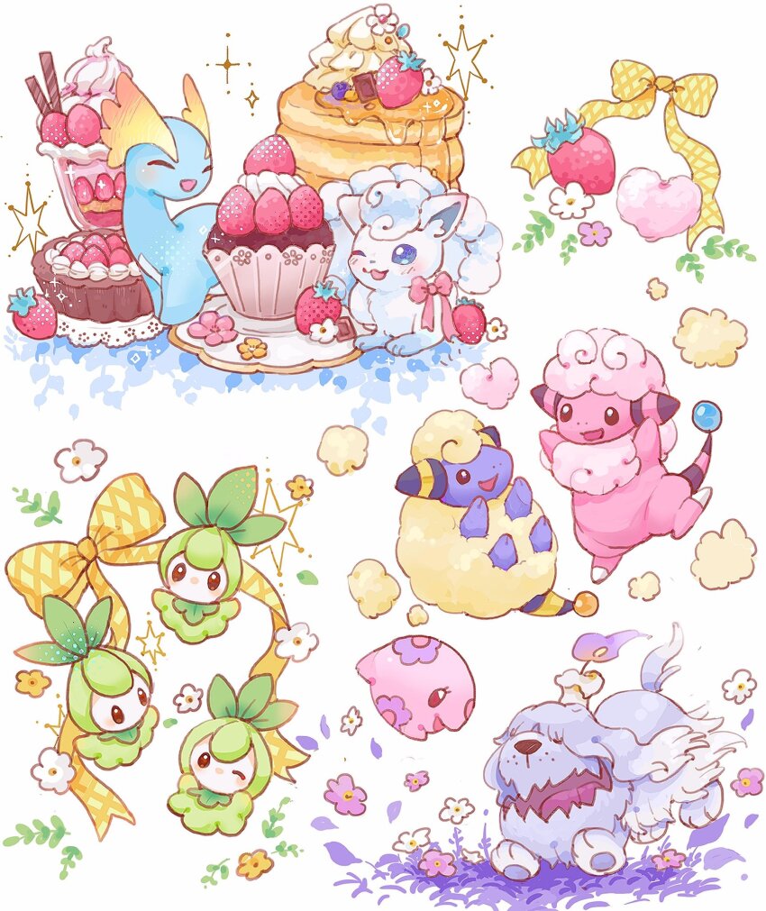 alolan_form alolan_vulpix amaura animal_focus black_eyes blue_eyes blue_skin bow bright_pupils candle closed_eyes colored_skin commentary_request cream dog eyelashes fangs flaaffy floating fluffy food freckles fruit gen_2_pokemon gen_5_pokemon gen_6_pokemon gen_7_pokemon greavard green_hair grey_fur highres hyoudo_(d2_isu) ice_cream maple_syrup mareep multiple_tails munna nintendo no_humans one_eye_closed open_mouth pancake petilil pokemon pokemon_(creature) purple_eyes red_eyes sheep simple_background skin_fangs smile sparkle standing standing_on_one_leg strawberry tail white_background white_pupils white_skin yellow_bow