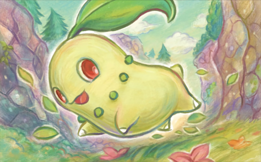 :d chikorita cloud cloudy_sky creature day flower full_body gen_2_pokemon grass happy leaf nintendo no_humans official_art open_mouth outdoors pokemon pokemon_(creature) pokemon_tcg red_eyes running sky smile solo sowsow third-party_source tree