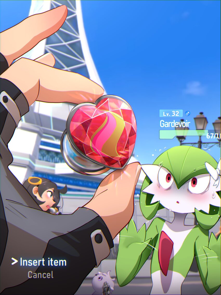 absurdres black_gloves blue_sky blurry blurry_background blush bow butt_plug commentary day emma_(pokemon) english_commentary english_text espurr fingerless_gloves gameplay_mechanics gardevoir gen_3_pokemon gen_6_pokemon gloves green_hair grey_gloves gun gun_to_head hair_bow hair_ornament hands_up health_bar heart-shaped_gem highres holding holding_gun holding_weapon jewel_butt_plug khyle. looking_ahead looking_at_another looking_at_viewer mars_symbol medium_hair motion_lines nintendo outdoors pokemon pokemon_(creature) pokemon_legends:_z-a pov pov_hands sex_toy sky standing tongue tongue_out trembling weapon white_bow