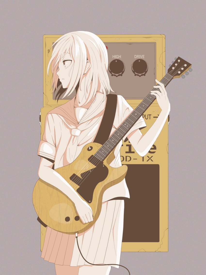 1girl bad_id bad_pixiv_id cowboy_shot effects_pedal electric_guitar gibson_les_paul grey_background guitar highres instrument limited_palette original pleated_skirt profile sailor_collar short_hair short_sleeves skirt solo white_neckwear white_sailor_collar white_skirt yasou0049
