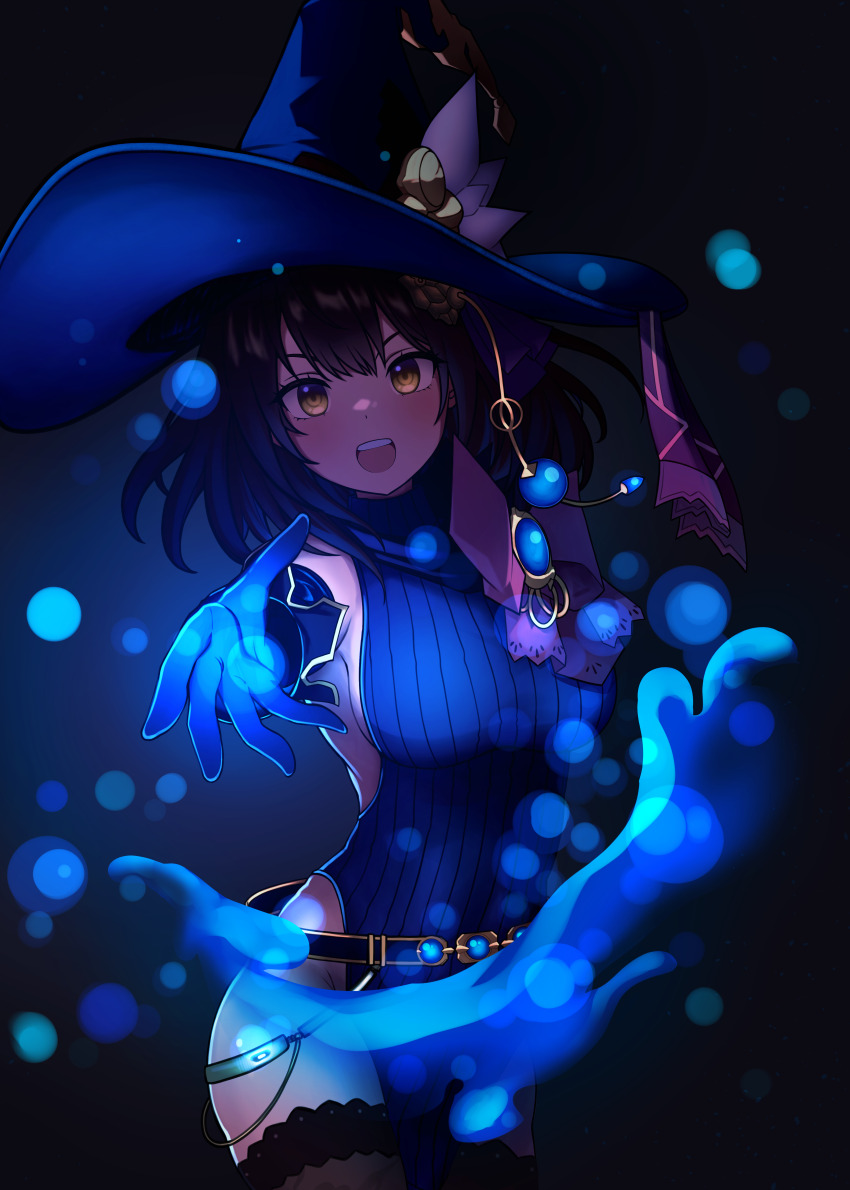 absurdres armpits black_hair blue_dress blue_gloves blue_hat breasts brown_dust_(series) brown_dust_2 brown_eyes brown_thighhighs dim_lighting dress elbow_gloves gloves groin hair_between_eyes hat highres hydrokinesis large_breasts large_hat medium_hair mun-eomeogali open_mouth scheherazade_(brown_dust) scheherazade_(magical_school_professor)_(brown_dust) sideboob smile teeth thighhighs upper_teeth_only water witch_hat