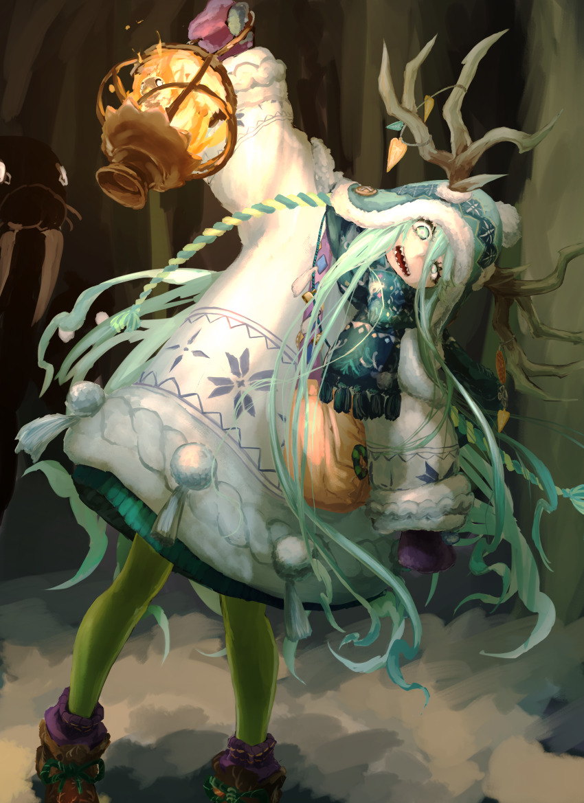 1girl absurdres antler_ornament antlers antlers_through_headwear beanie blue_hat blue_scarf earflap_beanie fate/grand_order fate_(series) fujigaya_seizo green_eyes hair_between_eyes hat highres holding holding_lantern horns lantern long_hair long_sleeves looking_at_viewer louhi_(fate) louhi_(second_ascension)_(fate) mittens open_mouth pantyhose pom_pom_(clothes) pom_pom_beanie purple_mittens scarf sharp_teeth smile solo sweater teeth very_long_hair white_eyes white_sweater woollen_cap yellow_pantyhose