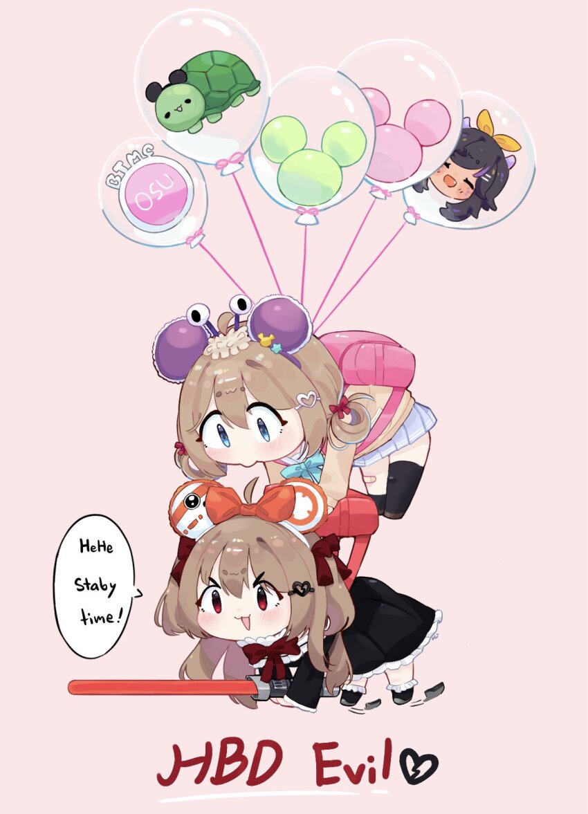 2girls :3 ahoge aqua_bow aqua_bowtie asymmetrical_legwear backpack bag balloon bandaid bandaid_on_knee bandaid_on_leg beak_pout black_dress black_hair black_shoes blue_eyes blue_sailor_collar blue_skirt bow bowtie broken_heart broken_heart_hair_ornament brown_hair brown_shoes cardigan character_name chibi chibi_only chrchie closed_mouth commentary dress energy_sword english_commentary evil_neuro-sama floating frilled_dress frills from_side hair_between_eyes hair_bow hair_ornament hair_ribbon happy_birthday heart heart_hair_ornament highres indie_virtual_youtuber kneehighs lifting_person lightsaber long_hair long_sleeves mickey_mouse_ears multiple_girls neuro-sama open_mouth osu! pink_background pink_bag pleated_skirt red_bow red_bowtie red_eyes red_ribbon ribbon sailor_collar shoes simple_background single_kneehigh single_sock skirt socks speech_bubble sword two_side_up ukichan22905846 uneven_legwear vedal987 virtual_youtuber weapon wide_shot yellow_bow yellow_cardigan