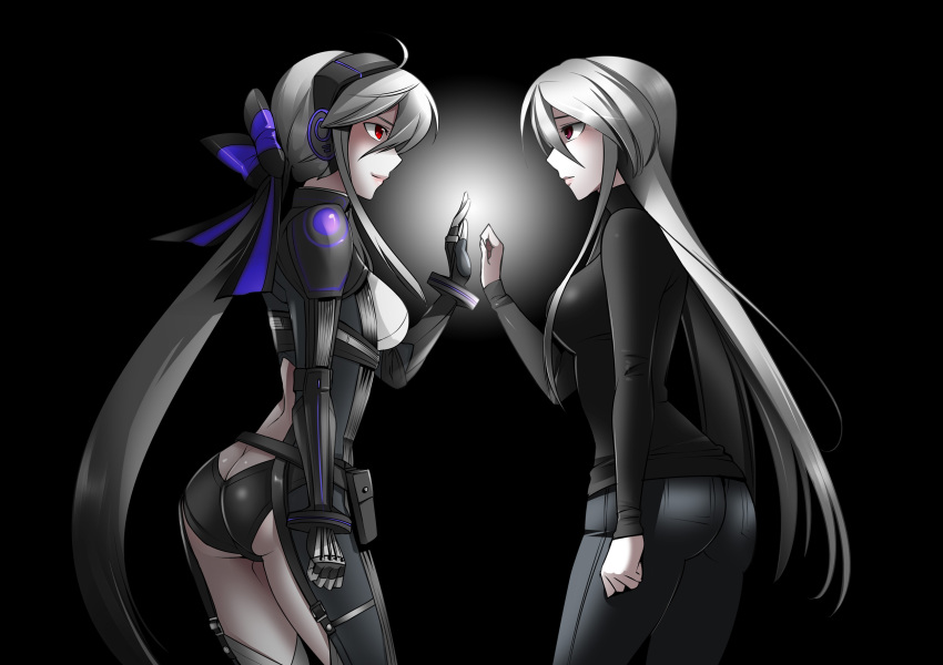 2girls ass bodysuit breasts butt_crack caffein cyber_diver_(vocaloid) dual_persona female_focus fingerless_gloves gloves goggles highres long_hair multiple_girls red_eyes silver_hair turtleneck very_long_hair vocaloid yowane_haku