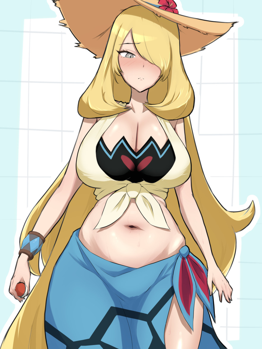 1girl absurdly_long_hair absurdres bikini bikini_under_clothes blonde_hair blue_sarong blush breasts cercis_seiso cleavage closed_mouth commentary_request cowboy_shot crop_top curvy cynthia_(pokemon) cynthia_(summer_2025)_(pokemon) flower grey_eyes hair_over_one_eye hat hat_flower highres holding holding_poke_ball large_breasts long_hair looking_at_viewer navel nintendo poke_ball poke_ball_(basic) pokemon pokemon_masters_ex sarong shirt simple_background solo stomach sun_hat swimsuit thick_thighs thighs tied_shirt very_long_hair wide_hips