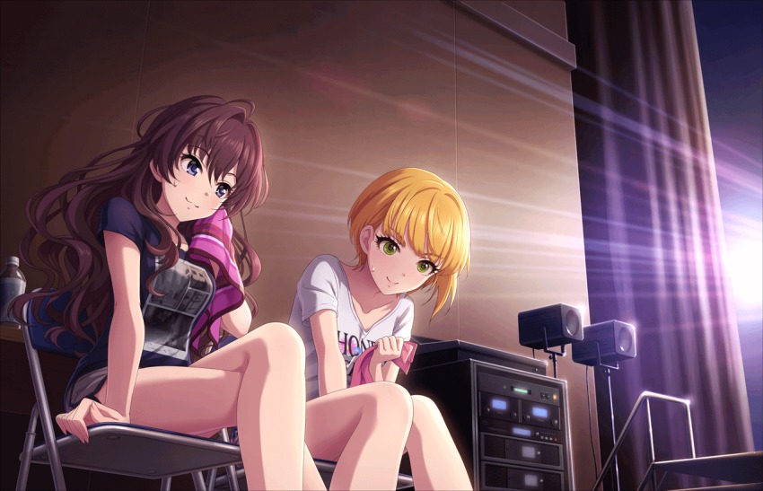 2girls :3 artist_request blonde_hair blue_eyes bottle breasts brown_hair clothes_writing collarbone crazy_crazy_(idolmaster) crossed_legs eyelashes fingernails green_eyes ichinose_shiki idolmaster idolmaster_cinderella_girls idolmaster_cinderella_girls_starlight_stage indoors long_fingernails long_hair medium_breasts miyamoto_frederica multiple_girls official_art shirt short_hair short_sleeves shorts sitting smile sweat t-shirt towel water_bottle wavy_hair