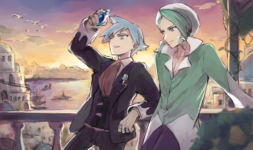 2boys black_jacket black_pants blue_gemstone blue_hair chikiso gem gen_3_pokemon green_hair green_shirt grey_eyes highres holding holding_gem jacket jewelry long_sleeves male_focus multiple_boys nintendo open_clothes open_jacket pants pokemon pokemon_(creature) pokemon_oras pokemon_rse purple_pants ring shirt short_hair smile steven_stone wallace_(pokemon) wingull