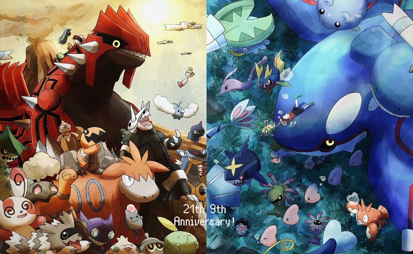 2boys aggron animal_focus anniversary armaldo baltoy beldum bird brendan_(pokemon) cacturne camerupt carvanha chimecho clamperl commentary_request corphish cradily dual_persona feebas fish game_freak gen_3_pokemon gorebyss groudon gulpin hat highres huntail kyogre legendary_pokemon lileep lotad luvdisc milotic mio14s mudkip multiple_boys nintendo outdoors pokemon pokemon_(creature) pokemon_oras pokemon_rse red_shirt relicanth sableye seedot shark sharpedo shirt shuppet spheal spinda spoink sun swablu torkoal trapinch treecko typo volcano wailmer water white_hat wingull yellow_eyes zigzagoon