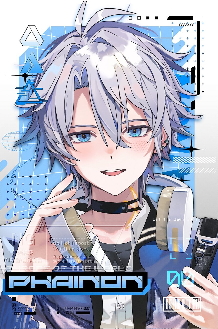 1boy black_choker blue_background blue_eyes blue_shirt blush border character_name choker collared_shirt commentary grey_border grey_hair grid_background hair_between_eyes hand_up hashtag-only_commentary headphones headphones_around_neck heto highres honkai:_star_rail honkai_(series) long_sleeves looking_at_viewer male_focus open_mouth outside_border parted_bangs phainon_(honkai:_star_rail) shirt short_hair smile solo upper_body watermark