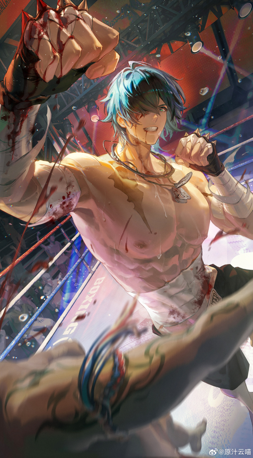 2boys abs absurdres ahoge arm_tattoo audience bandaged_arm bandaged_torso bandages black_gloves blood blood_on_hands blue_hair boxer boxing boxing_ring boxing_shorts clenched_teeth commentary_request dutch_angle gloves green_eyes hair_over_one_eye highres jewelry large_pectorals lighter_(zenless_zone_zero) male_focus multiple_boys muscular muscular_male necklace out_of_frame pectorals punching scaffolding scar scar_on_shoulder shorts spiked_knuckles stage_lights sweat tattoo teeth topless_male watermark weibo_watermark yunmaojan zenless_zone_zero