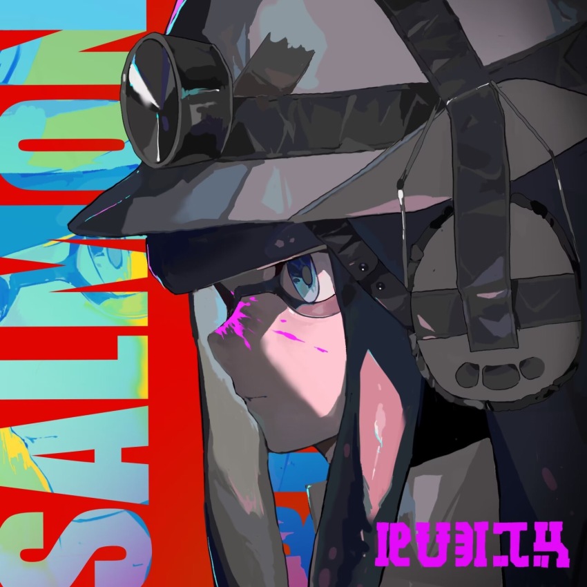 1girl black_hair blue_eyes chinese_commentary closed_mouth commentary_request from_side grey_hat hat headlamp headphones highres inkling inkling_(language) inkling_girl inkling_player_character kuma_(yoooooooo152) long_hair nintendo portrait profile solo splatoon_(series) splatoon_3