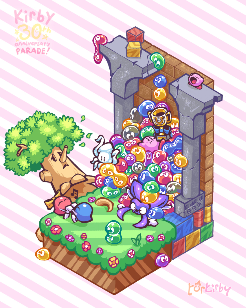 :d ^_^ anniversary arch artist_name beamed_sixteenth_notes block_(object) bow bugzzy closed_eyes commentary commentary_request copyright_name english_commentary flower grass highres holding_hands kirby kirby&#039;s_avalanche kirby_(series) lalala_(kirby) lololo_(kirby) mixed-language_commentary musical_note nintendo no_humans open_mouth pile pillar pink_background pink_flower purple_flower puyo_(puyopuyo) puyopuyo raised_eyebrows sitting smile squid squishy_(kirby) standing stone_wall striped_background torkirby tree trophy wall whispy_woods white_background wide-eyed yellow_bow