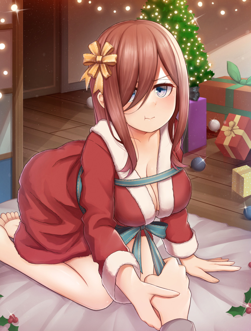 1boy 1girl :t absurdres atorie blue_eyes bow box breasts brown_hair christmas christmas_lights christmas_ornaments christmas_tree cleavage fur-trimmed_robe fur_trim gift gift_box go-toubun_no_hanayome hair_ornament highres holding_another&#039;s_wrist indoors large_breasts long_hair looking_at_viewer mistletoe nakano_miku pout pov pov_hands ribbon robe santa_costume solo_focus v-shaped_eyebrows wooden_floor