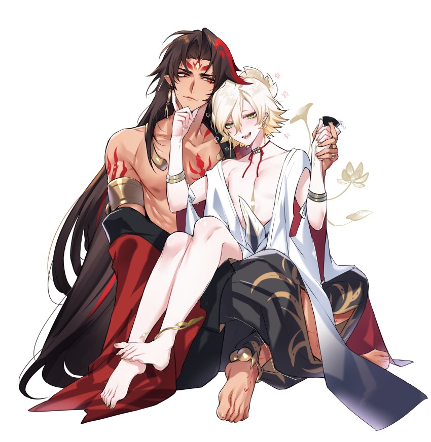 2boys absurdres arm_tattoo asura_(onmyoji) bishounen black_hair blonde_hair blush chest_tattoo closed_mouth commentary commentary_request earrings facial_mark feet full_body green_eyes highres jewelry konsai_2 long_hair looking_at_another looking_at_viewer male_focus multicolored_hair multiple_boys muscular muscular_male nail_polish onmyoji red_hair red_tattoo ring short_hair simple_background sitting sitting_on_lap sitting_on_person skinny streaked_hair taishakuten_(onmyoji) tattoo teeth toenail_polish toenails tongue two-tone_hair white_background yaoi