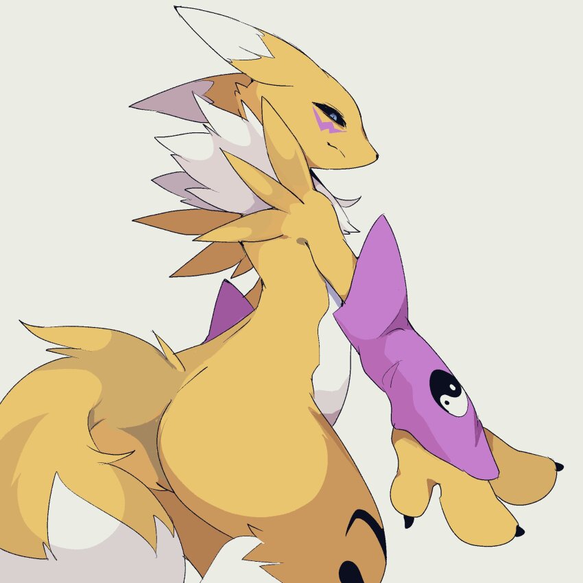 ass black_sclera blue_eyes colored_sclera detached_sleeves digimon digimon_(creature) fox furry h-rin0u0 highres looking_at_viewer looking_back renamon smile tail white_fur yellow_fur