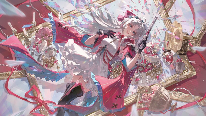 1girl :d ahoge black_gloves blue_eyes bow breasts carlotta_(wuthering_waves) commentary dress earrings gloves gun hair_bow hairband hand_up handgun highres holding holding_gun holding_weapon jewelry long_hair medium_breasts open_mouth pink_bow pink_hairband short_dress smile smusmuye solo striped_bow thighs very_long_hair weapon white_dress white_hair wuthering_waves