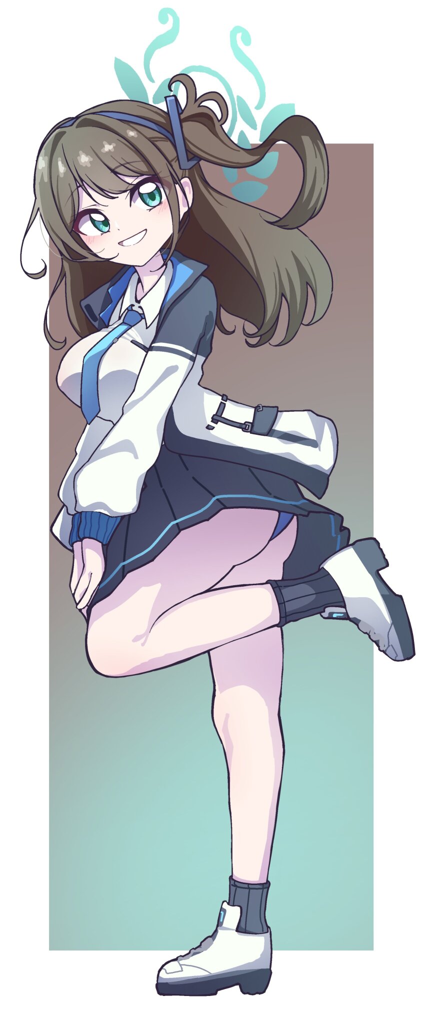 1girl absurdres airi_(blue_archive) aris_(blue_archive) aris_(blue_archive)_(cosplay) black_skirt blue_archive blue_necktie blue_panties brown_hair cosplay green_eyes green_halo halo highres jacket long_hair long_sleeves looking_at_viewer necktie one_side_up panatisia panties shirt simple_background skirt smile solo underwear very_long_hair white_background white_jacket white_shirt