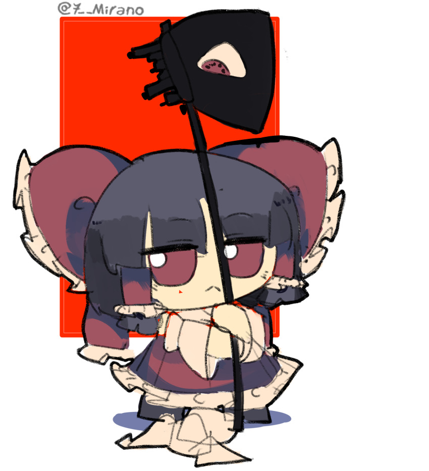 7-mirano ascot bow brown_hair character_doll doll fossilized_wonders frilled_bow frilled_hair_tubes frills fumo_(doll) gohei hair_tubes hakurei_reimu highres red_bow red_skirt skirt touhou unamused yellow_ascot