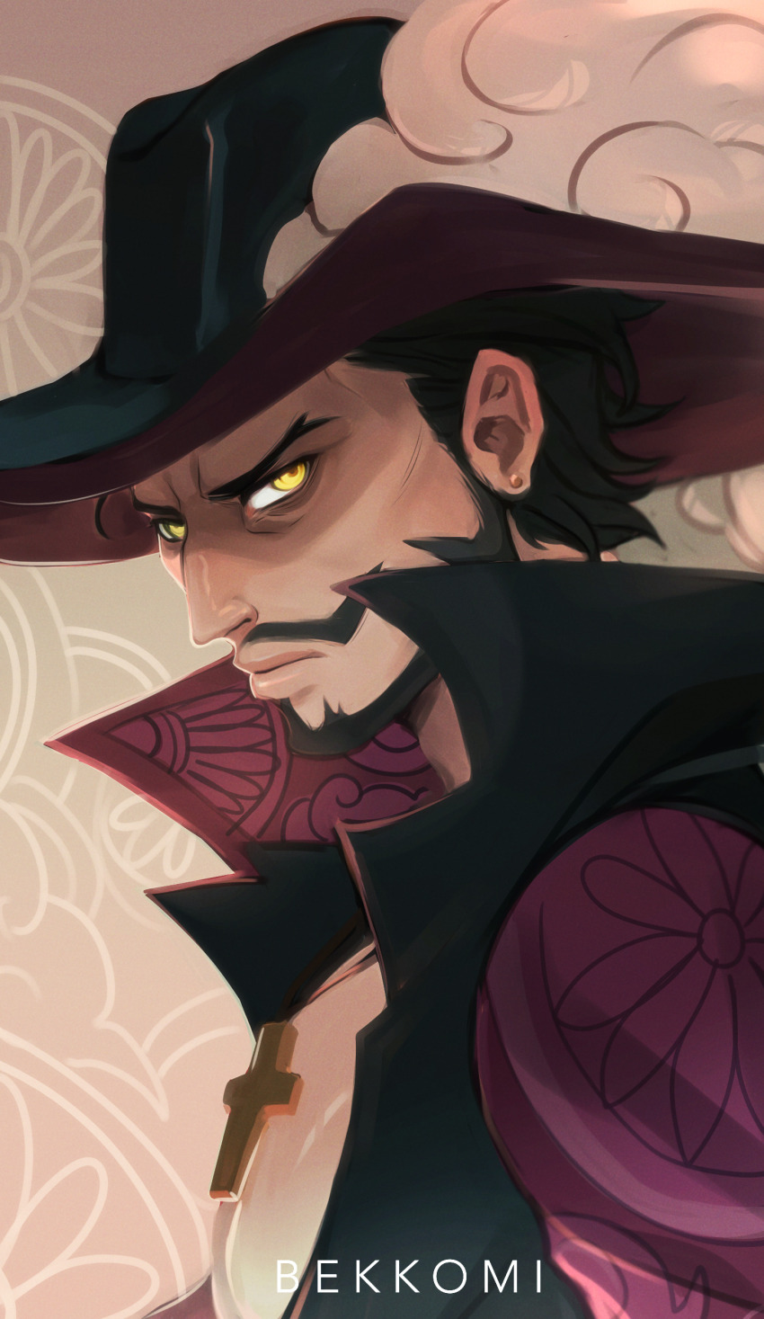 1boy absurdres artist_name beard bekkomi black_hair closed_mouth commentary cross cross_necklace dracule_mihawk english_commentary facial_hair hat hat_feather high_collar highres jewelry looking_at_viewer male_focus mustache necklace one_piece open_clothes short_hair sideburns solo yellow_eyes