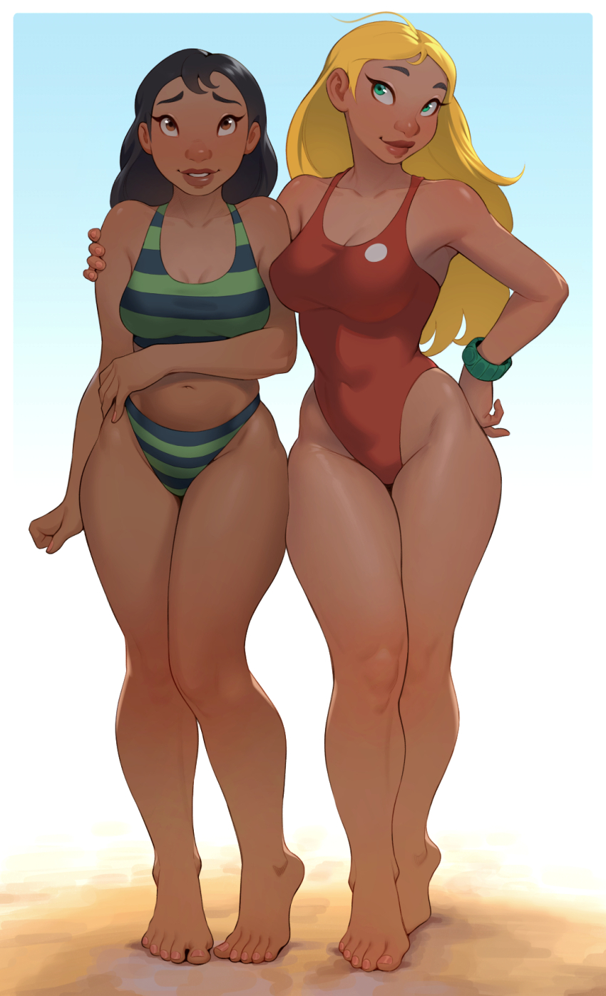 2girls arm_around_shoulder barefoot bikini black_hair blonde_hair breasts breasts_apart brown_eyes cheshirrr cleavage dark-skinned_female dark_skin full_body green_bikini green_eyes highres lifeguard_(lilo_&amp;_stitch) lilo_&amp;_stitch long_hair medium_breasts multiple_girls nani_pelekai navel one-piece_swimsuit red_one-piece_swimsuit smile standing striped_bikini striped_clothes swimsuit
