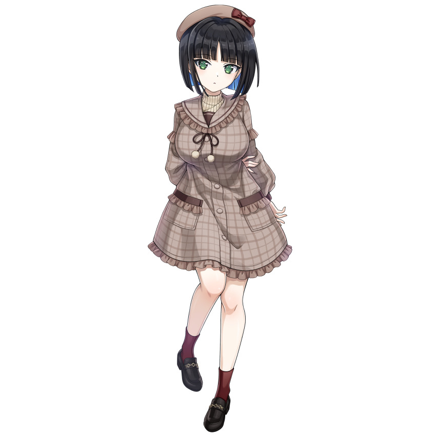 arm_behind_back beret black_hair blue_hair bob_cut brown_dress brown_hat colored_inner_hair crosshair_pupils dolphin_wave dress eines_(dolphin_wave) game_cg green_eyes hat highres multicolored_hair non-web_source official_art ootomo_takuji plaid_clothes plaid_dress transparent_background