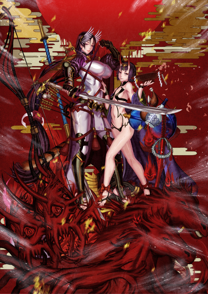 2girls barefoot_sandals_(jewelry) bob_cut bodysuit bow_(weapon) breasts covered_navel cup edenfox fate/grand_order fate_(series) fingerless_gloves gloves headpiece highres holding holding_sword holding_weapon horns japanese_clothes katana kimono large_breasts long_hair looking_at_viewer low-tied_long_hair minamoto_no_raikou_(fate) multiple_girls open_clothes open_kimono parted_bangs purple_bodysuit purple_eyes purple_hair purple_kimono revealing_clothes ribbed_sleeves rope sakazuki short_eyebrows short_hair shuten_douji_(fate) skin-covered_horns small_breasts smile standing sword very_long_hair weapon