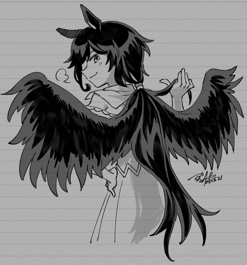 1girl animal_ears closed_mouth commentary_request greyscale highres horse_ears horse_girl kurokoma_saki long_hair looking_at_viewer looking_back monochrome no_headwear ponytail shikido_(khf) signature smile solo touhou traditional_media upper_body very_long_hair