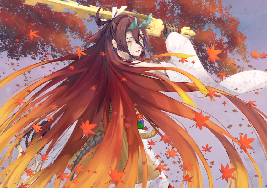 1girl back bare_shoulders beads breasts brown_hair claws detached_sleeves fate/grand_order fate/requiem fate_(series) gradient_hair gradient_sky hair_between_eyes highres horns japanese_clothes kijo_kouyou_(fate) kijo_kouyou_(third_ascension)_(fate) kimono large_breasts leaf long_hair maple_leaf multicolored_hair orange_hair ponytail prayer_beads rope sash sky sleeveless sleeveless_kimono slit_pupils solo sword tail tinaso tree very_long_hair weapon white_kimono wide_sleeves yellow_eyes