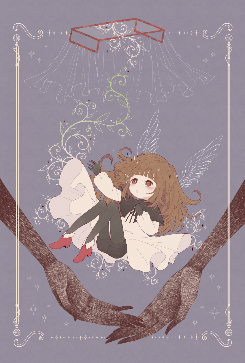 1boy 1girl absurdres black_capelet black_gloves black_pantyhose black_ribbon black_shorts blue_background blunt_bangs border brown_hair capelet child commentary deemo deemo_(character) disembodied_hand drawn_wings dress eleanor_(ohmyeleanor) english_commentary falling floating_tears frilled_dress frills alice_(deemo) gloves hand_on_own_chest hand_up highres light_blush long_hair neck_ribbon out_of_frame pantyhose parted_lips plant red_footwear ribbon shorts sidelocks solo_focus sparkle tears vines white_border white_dress
