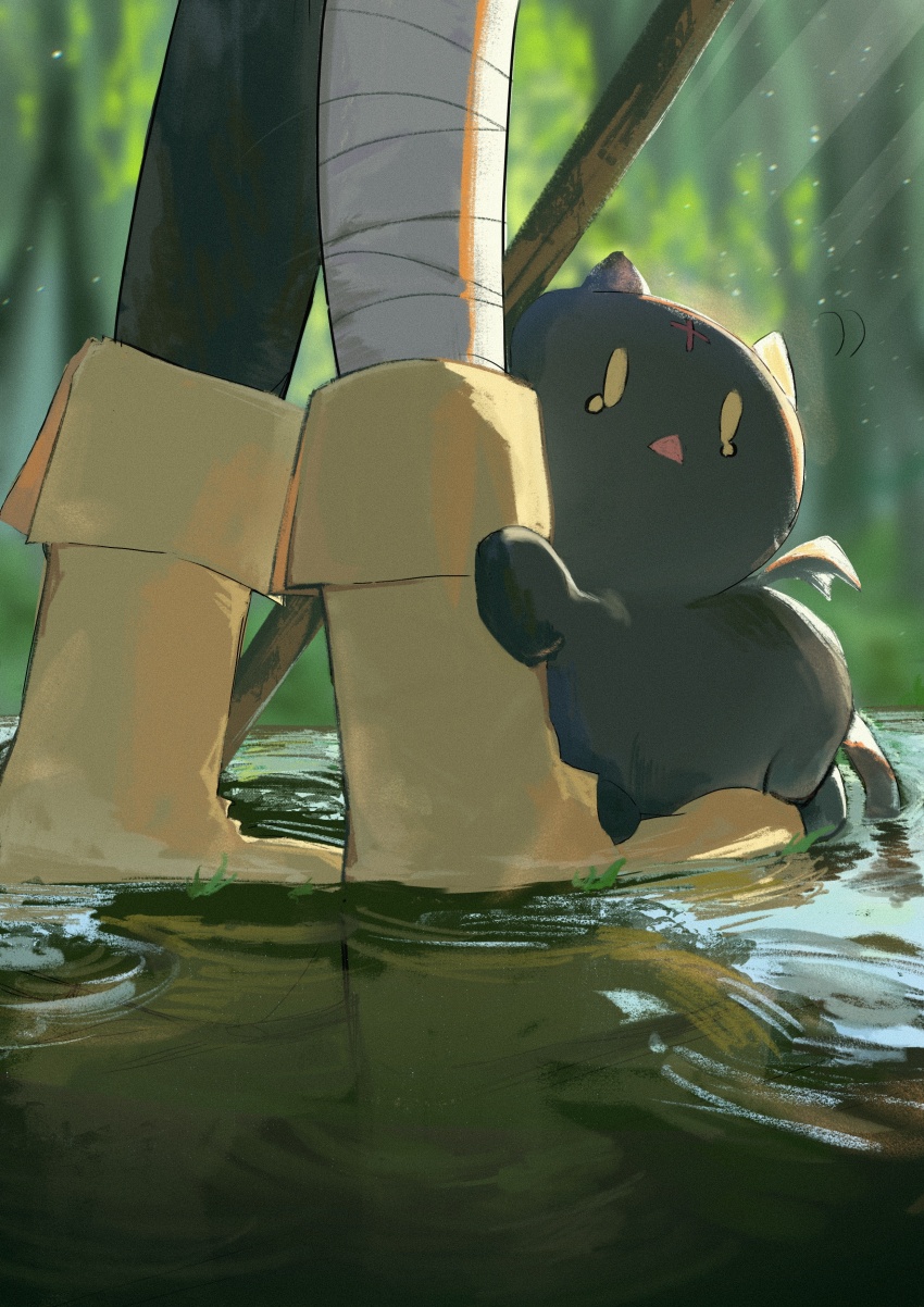 1girl absurdres animal_focus asymmetrical_legwear bandaged_leg bandages black_boots boots cat chomusuke feet foot_focus highres kono_subarashii_sekai_ni_shukufuku_wo! koukouya megumin mismatched_legwear outdoors puddle single_thighhigh thighhighs wading water