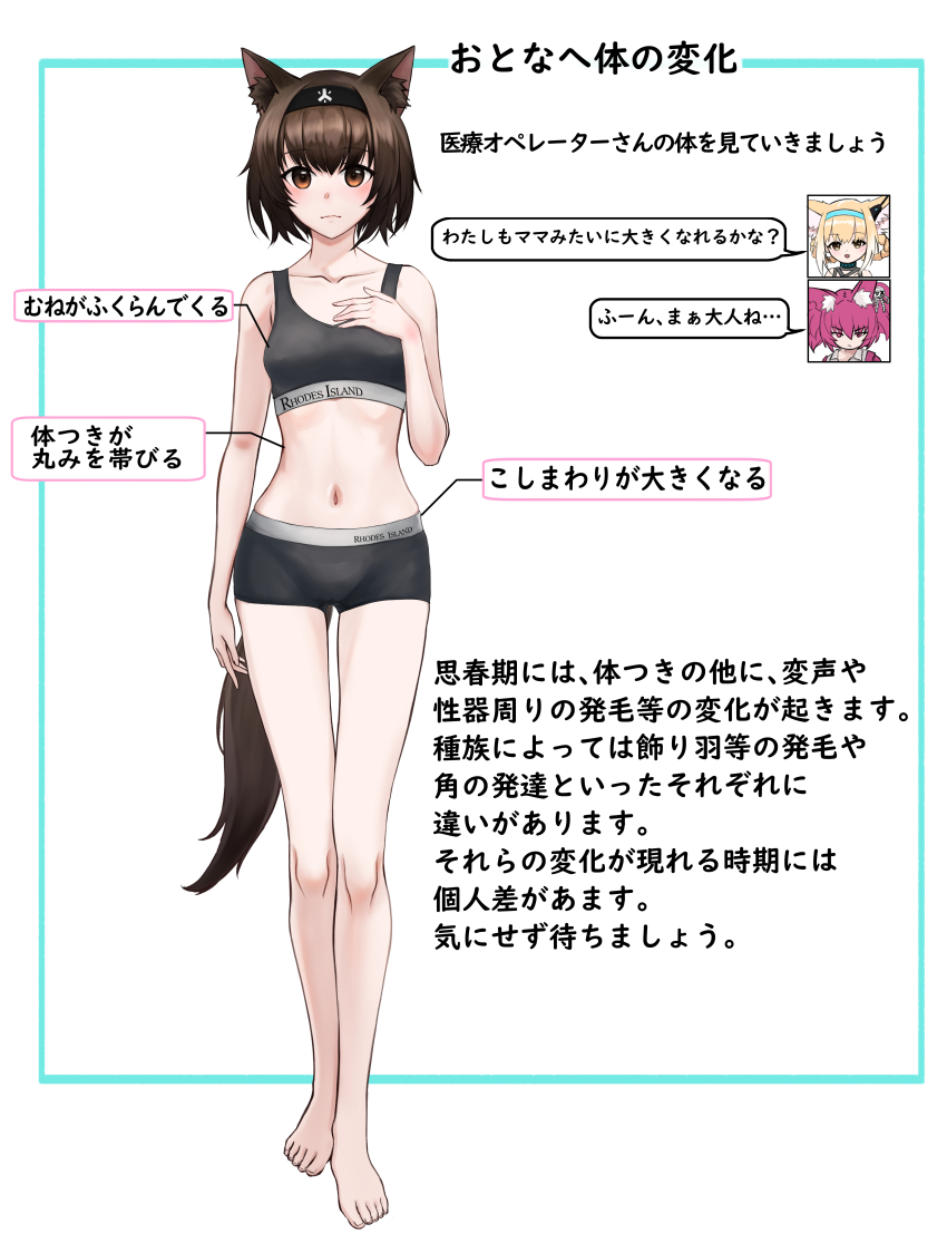 3girls absurdres animal_ears arknights barefoot brown_hair cat_ears cat_tail full_body hairband hand_on_own_chest highres looking_at_viewer multiple_girls namonaki_yuchan orange_eyes rhodes_island_medic_(arknights) shamare_(arknights) short_hair speech_bubble sports_bra standing suzuran_(arknights) tail translation_request underwear underwear_only