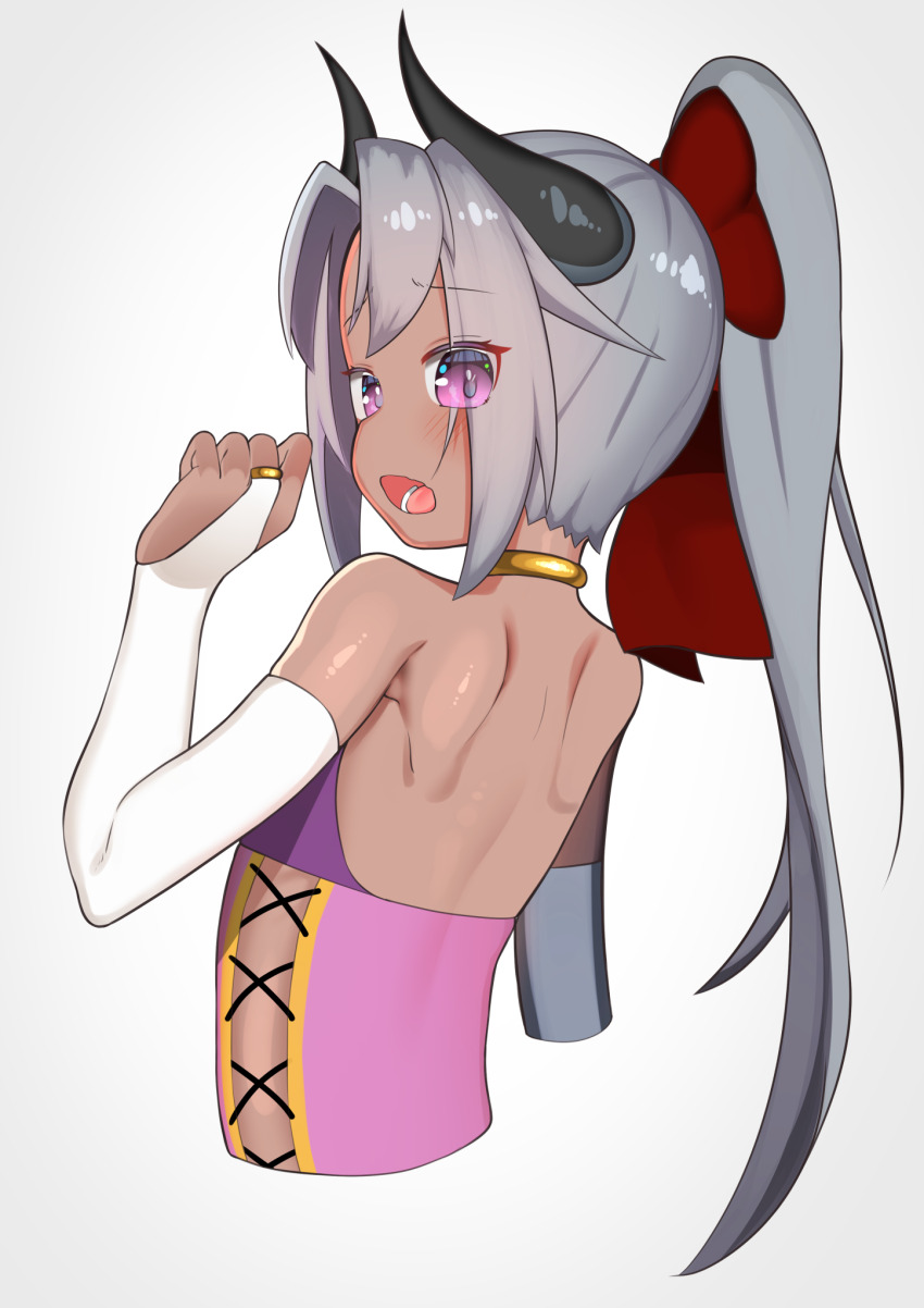 1girl black_horns blush bow bridal_gauntlets choker commentary_request cropped_torso dark_skin gloggy grey_hair hair_bow hair_intakes hand_up highres horns jewelry kikyou_(gloggy) laces long_hair looking_at_viewer looking_back open_mouth original purple_eyes red_bow ring simple_background solo upper_body white_background white_bridal_gauntlets