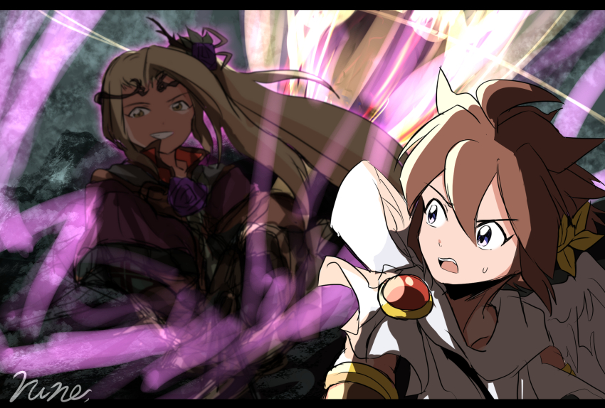 1boy 1girl blonde_hair brown_hair flower hair_flower hair_ornament highres kid_icarus kid_icarus_uprising laurel_crown nintendo open_mouth outdoors pit_(kid_icarus) reset_bomb rune_(ruupokesmash54) signature sweatdrop viridi yellow_eyes